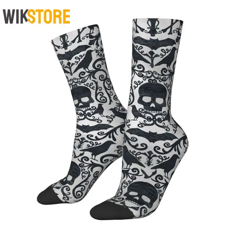 Funny Mens Black Skulls Crossbones Crows Dress Socks Unisex Comfortable Halloween Gothic Skeleton Breathable Crew Sock