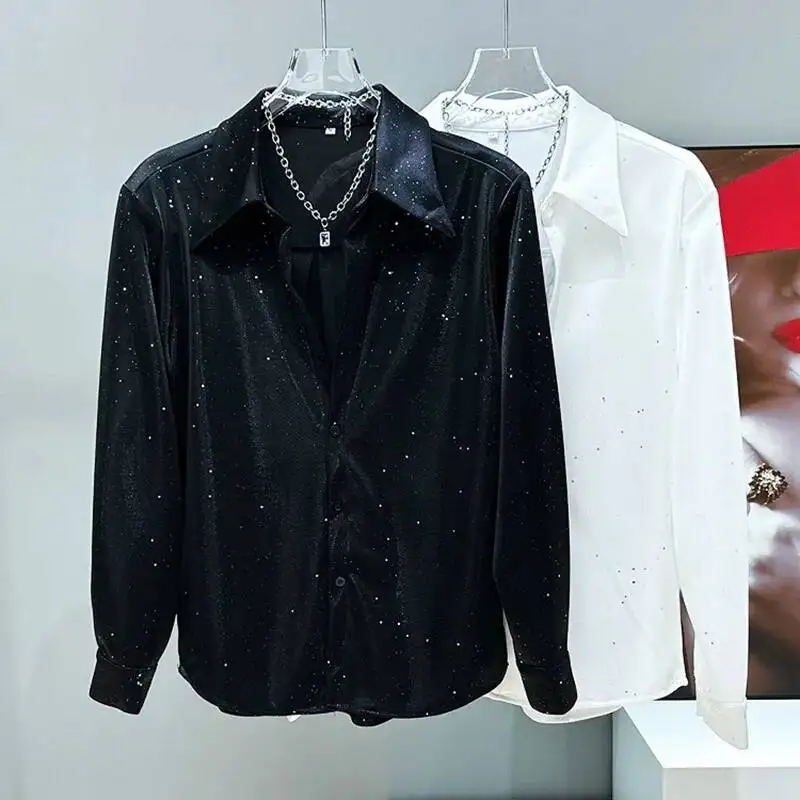 New Men's Shirt Loose Korean Fashion Starry Sequin Long Sleeved 2025 Turn-down Collar Male Tops New Fashion DFE4