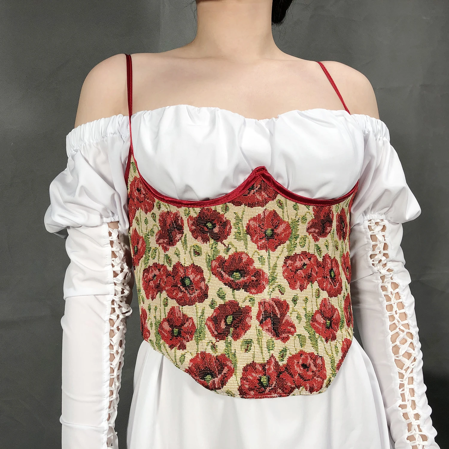 

Cute Vintage Floral Print Corset Halter Bustier Top Retro Lace Up Corset Renaissance Korset Camisole Vest