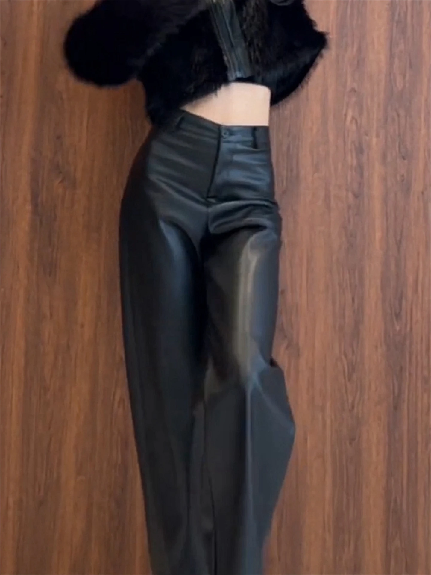 Black Casual PU Leather Pants Women's Spring New Style Fashion Loose Wide Leg Floor Length Trousers High Waist Harlan Pants