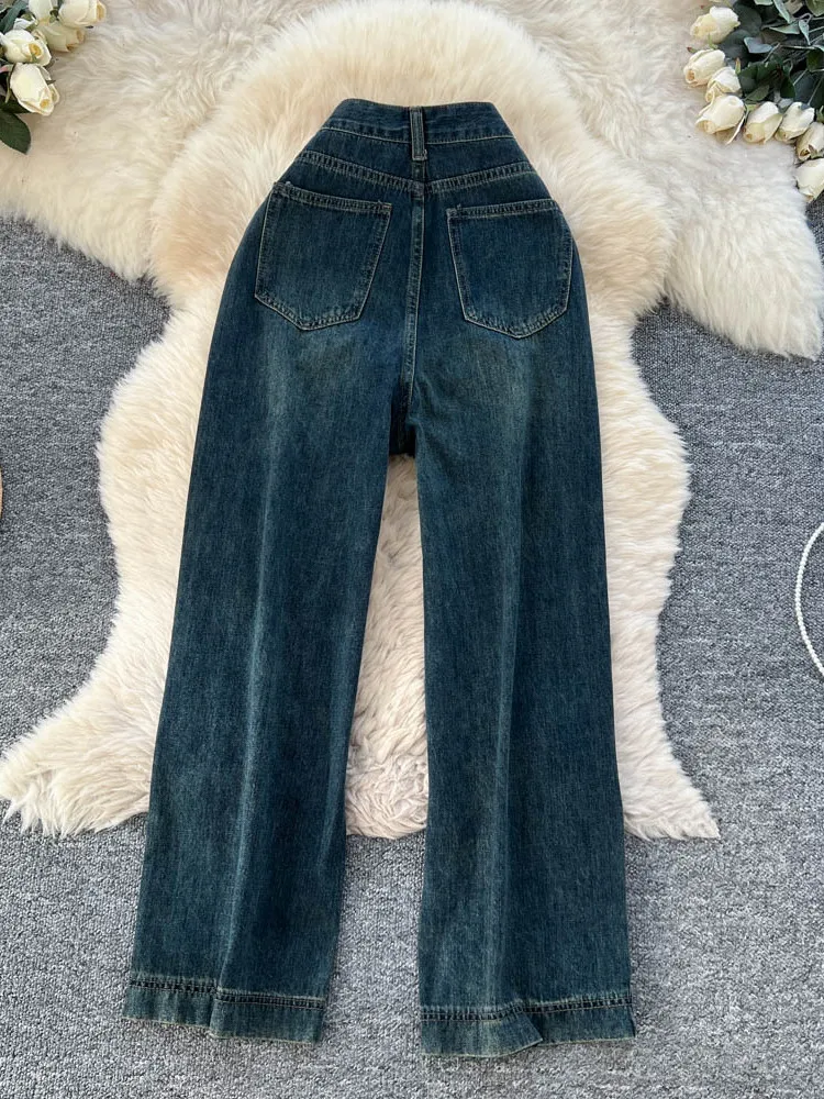 レトロウェイドデニムワイドレッグパンツ女性のハイウエストカジュアルストレートカットパンツ秋冬新作 Sle アメリカンデザイン