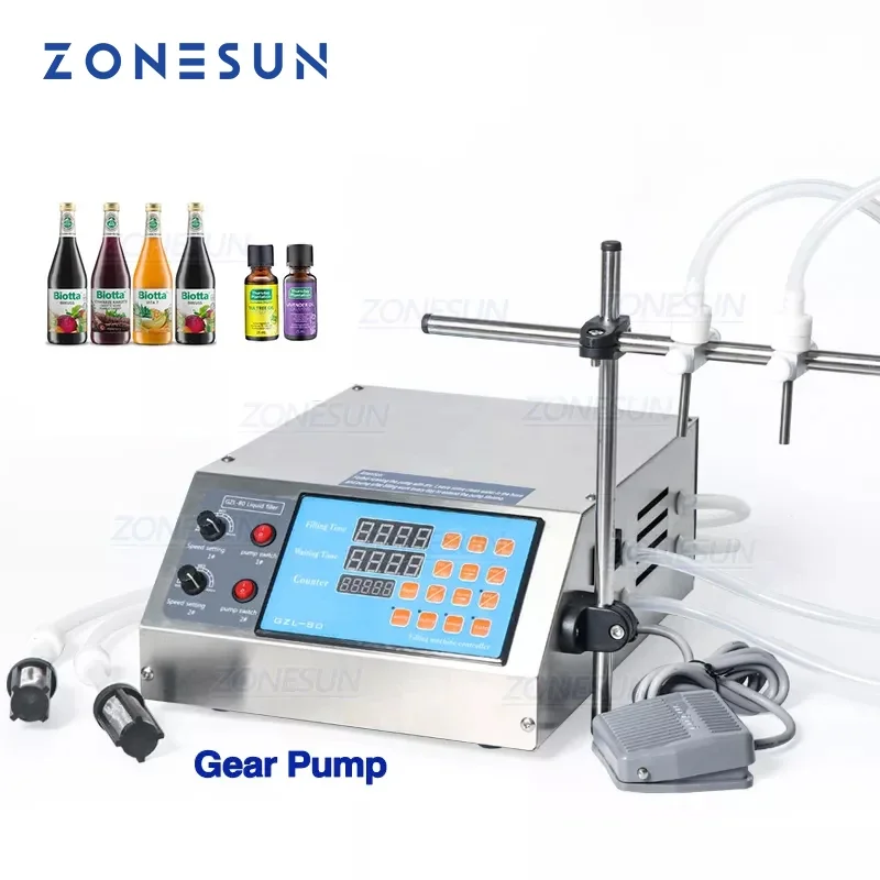 ZONESUN Gear Pump Bottle Water Filler Semi Automatic Liquid Vial Filling Machine for Juice Beverage Drink Oil Perfume 2.6l / min