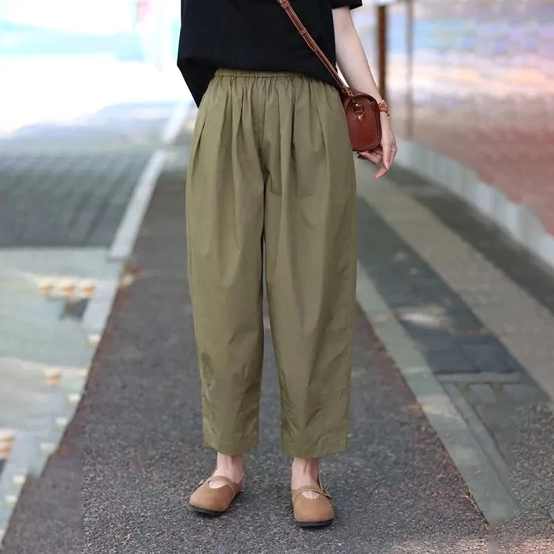 

Summer Korean Edition Fashion Simple Commuting Loose Casual Elastic Waist Pocket Solid Color Straight Oversize Haren Pants J258