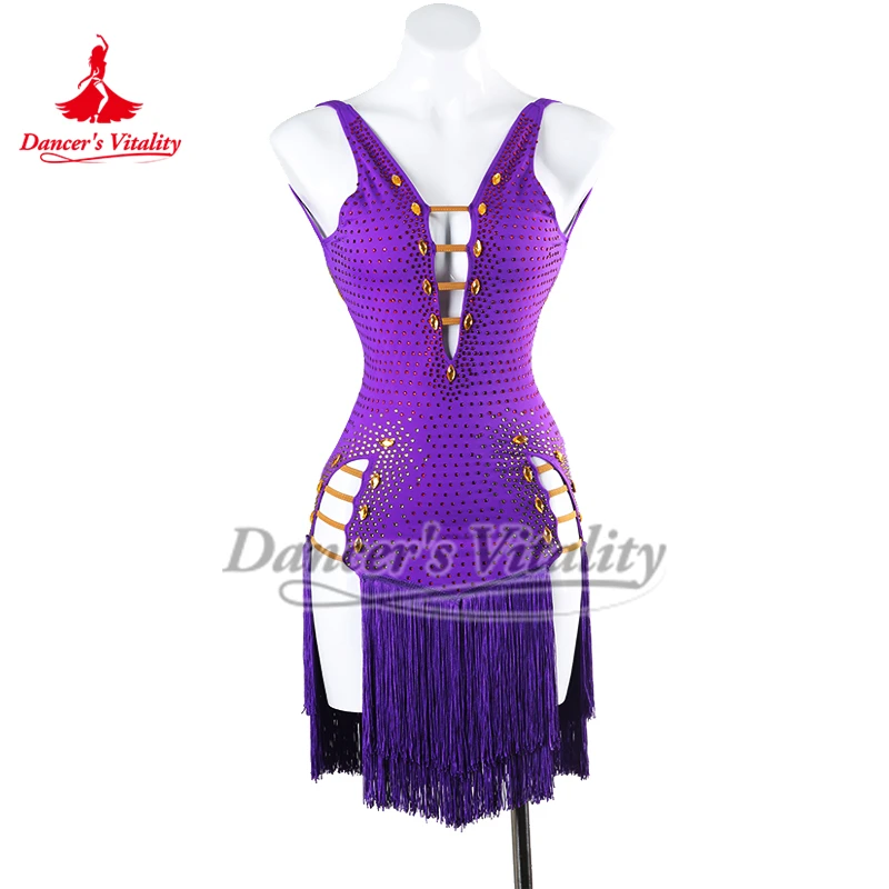 Advanced Sexy V-shaped Back Sleeveless Purple Latin Dance Tassels Dresses Adult Women Chacha Samba Jive Perform Clothes Custom