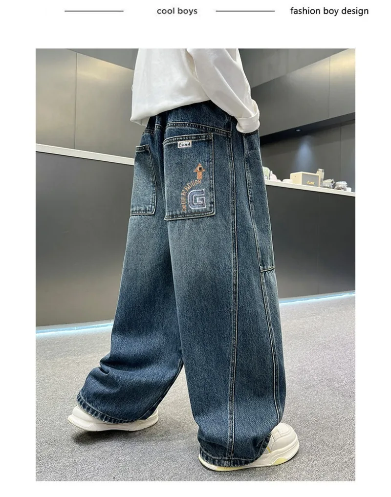 2026 Kinder-Jungen-Jeans UNITIM Herbst Kinder Jungen Gerade Denim-Hosen Lose Elastische Taille Junge Teenager Jungen Weite Hosen – Detail 16