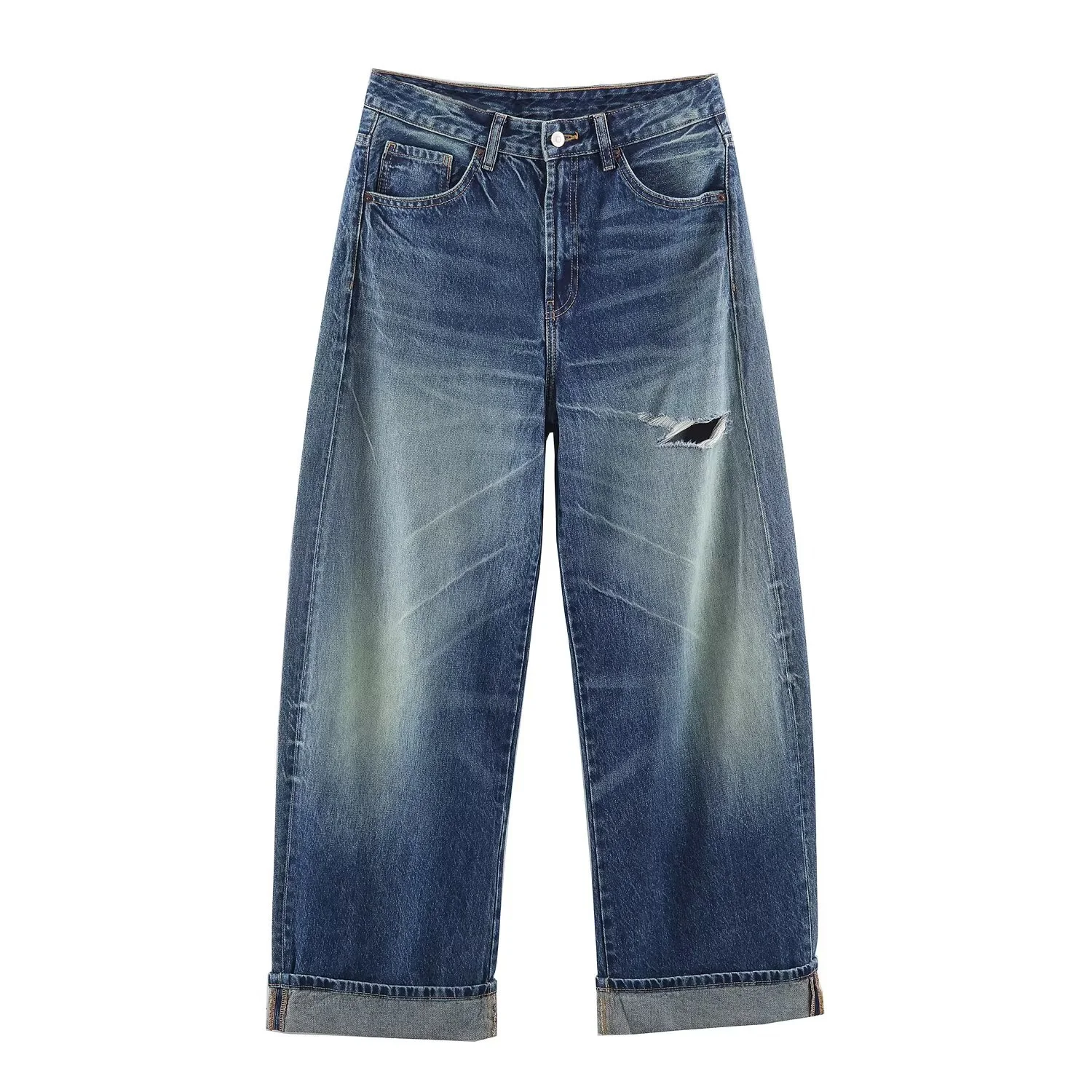 

2025 зимние новые женские универсальные длинные брюки, повседневные модные свободные удобные рваные джинсы со средней талией