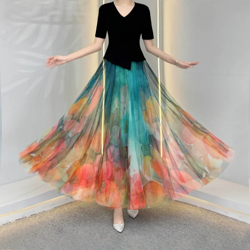 

Spring and Summer New Women's High Waisted Skirt New Printed Mesh Skirt