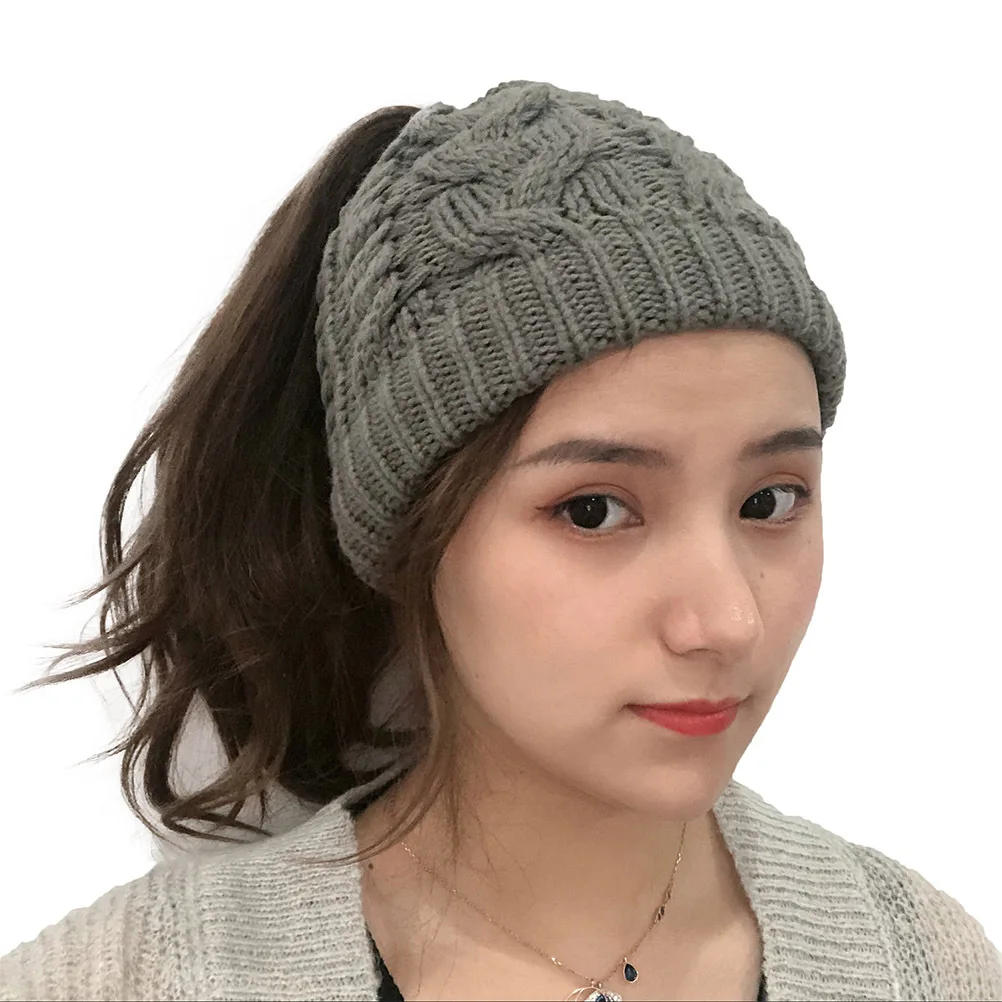 Dark Grey Woman Winter Knitted Ponytail Hat Autumn Warm Wool Beanie Cap for Outdoor Running Soft Cozy Warm Hat