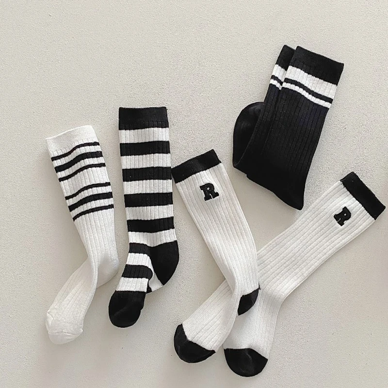 Children School White Black Stripes Sport Socks Korean Knee High Long Stockings for Children Kids Boys Girls Baby Stuff Clothes