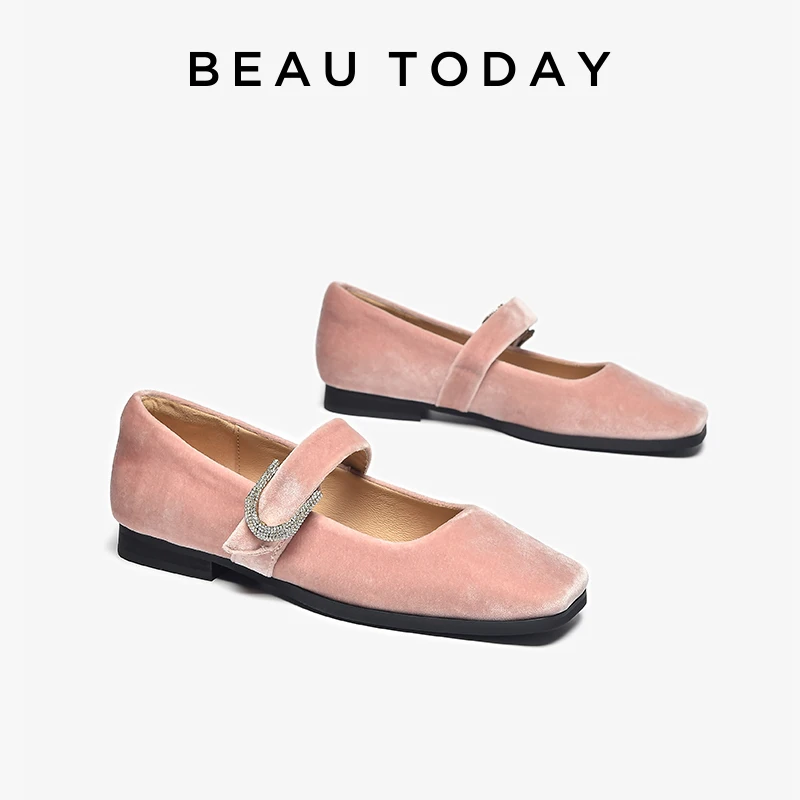 

BEAUTODAY Elegant Mary Janes Women Velvet Metal Decorations Ballets Shoes Shallow Loafers Square Toe Belt Strap Flats 28305