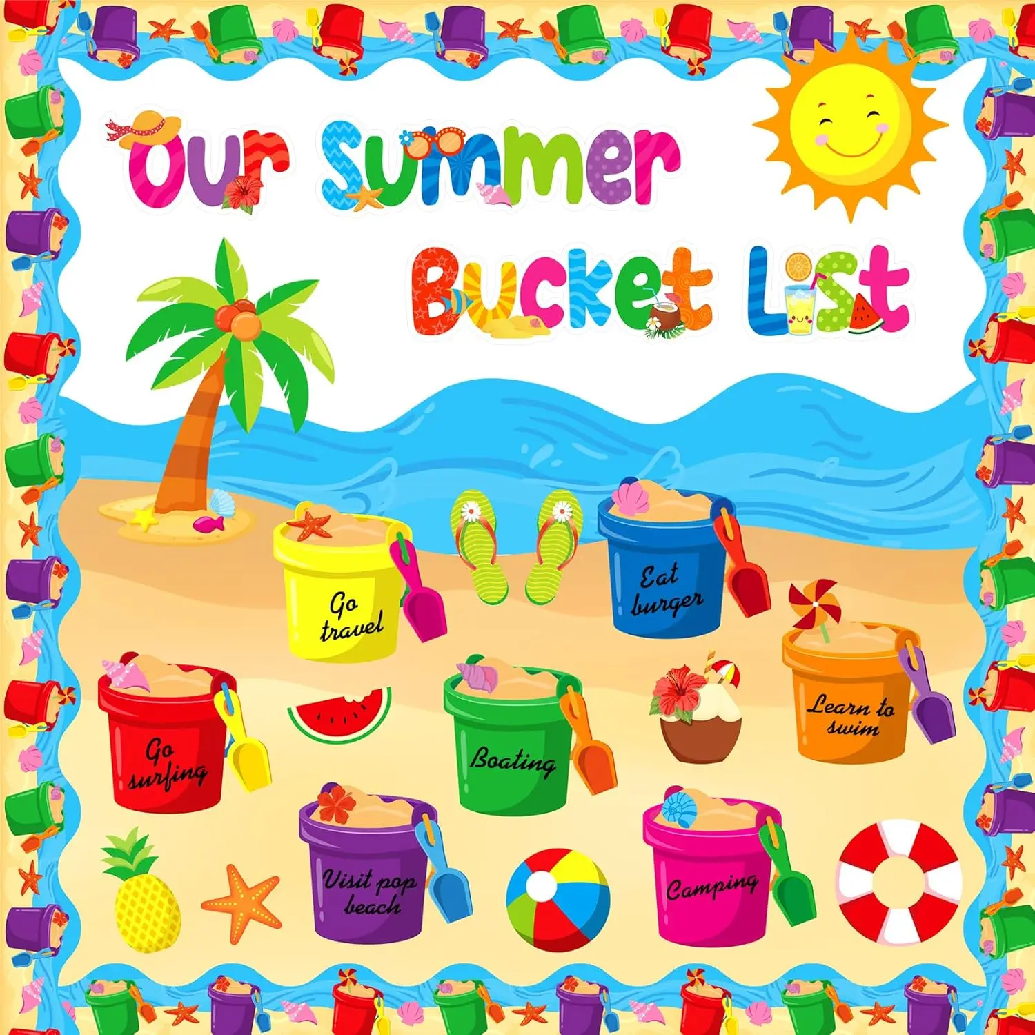 57 Pcs Summer Bulletin Board Decorations Set Our Summer Bucket List Classroom Decor Hawaii   Bucket Paper Cutouts with Borders f