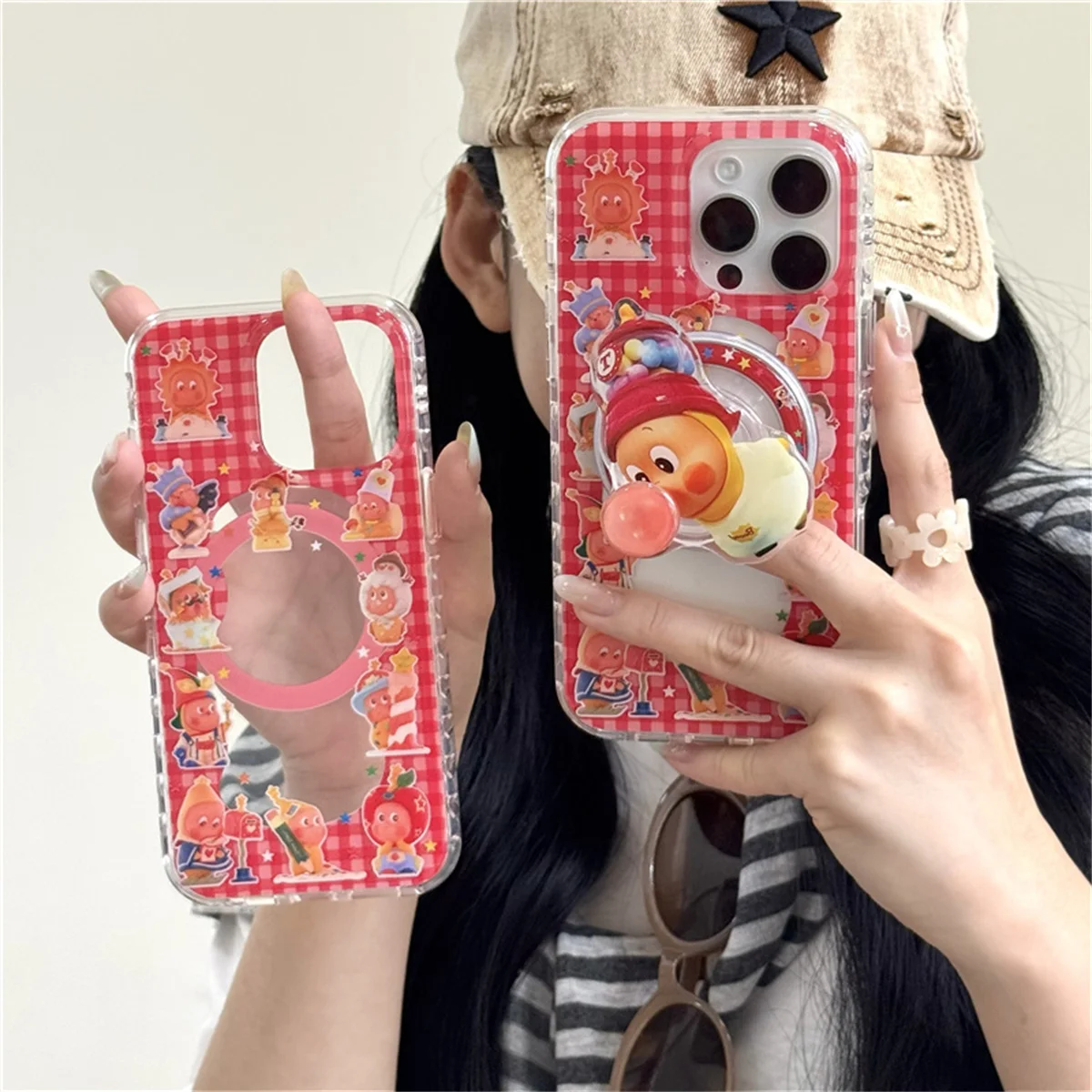 

Korean Red Plaid Pattern Magnetic Phone Case For iPhone 15 Pro 14 16 Pro Max Cover with Stand Holder Cute Cases Capa