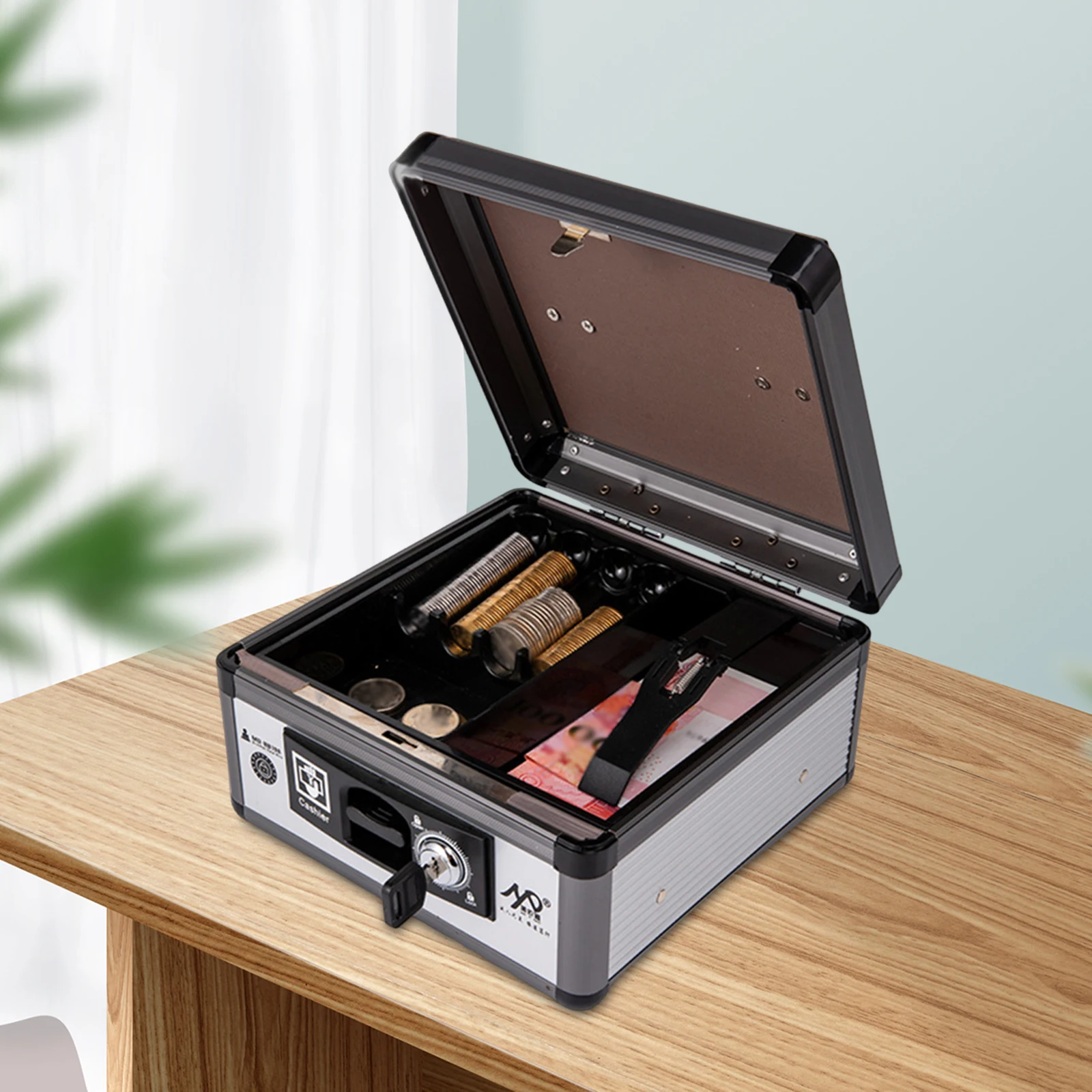 Aluminum Alloy Cash Box with Lock and Tray Portable Waterproof 2 Tier Money Saving Organizer Box for Small Businesses Supermarke