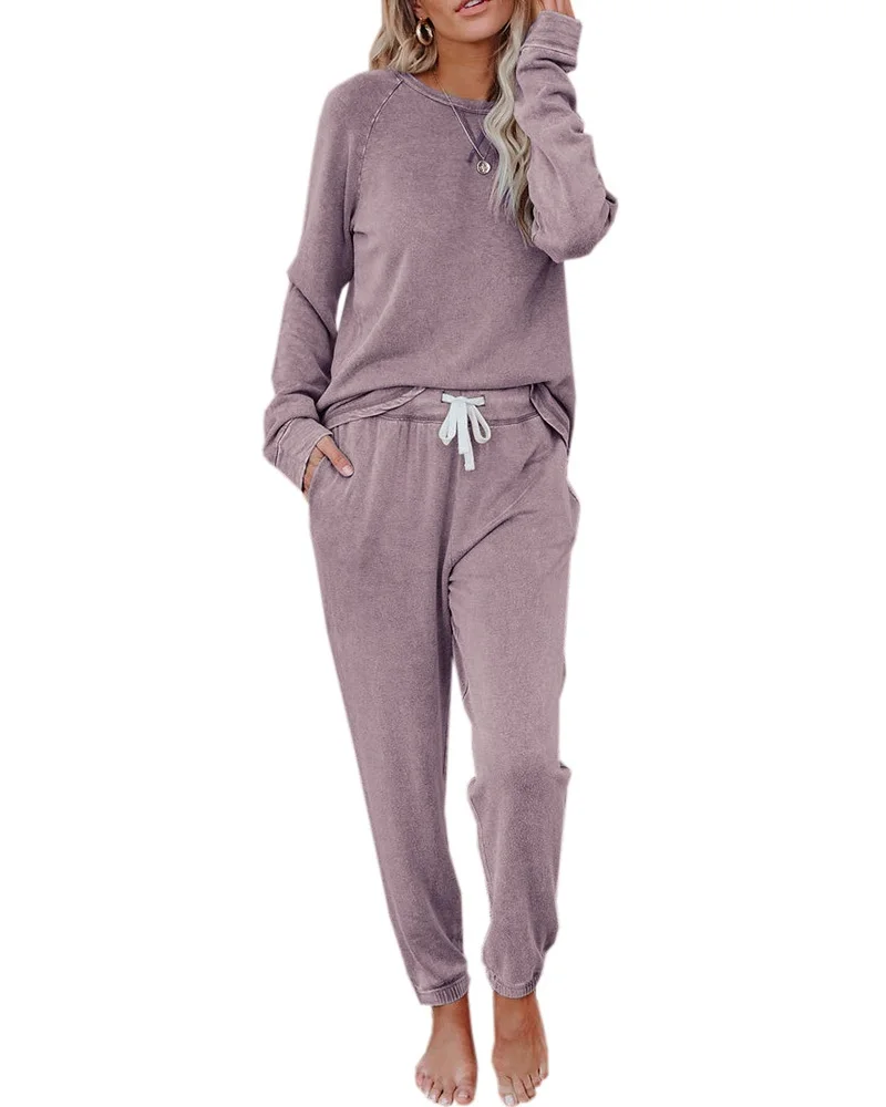 Women's Solid Sweatsuit Set 2 Piece Long Sleeve Pullover and Drawstring Sweatpants Sport Outfits Sets