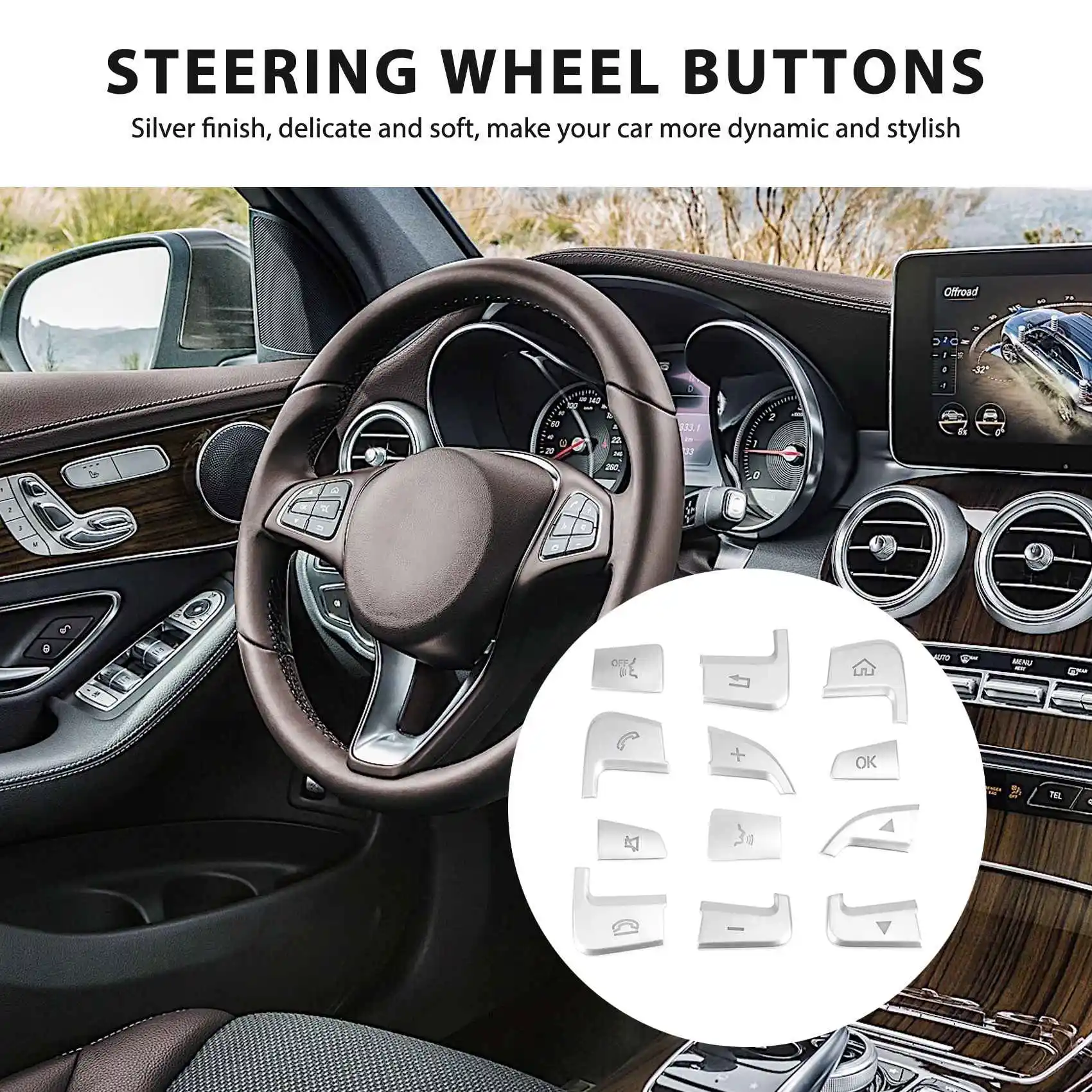 12Pcs Steering Wheel Button Covers Trim Stickers for GLC X253 2015 2016 & C Class W205 2014 2015 Silver ABS