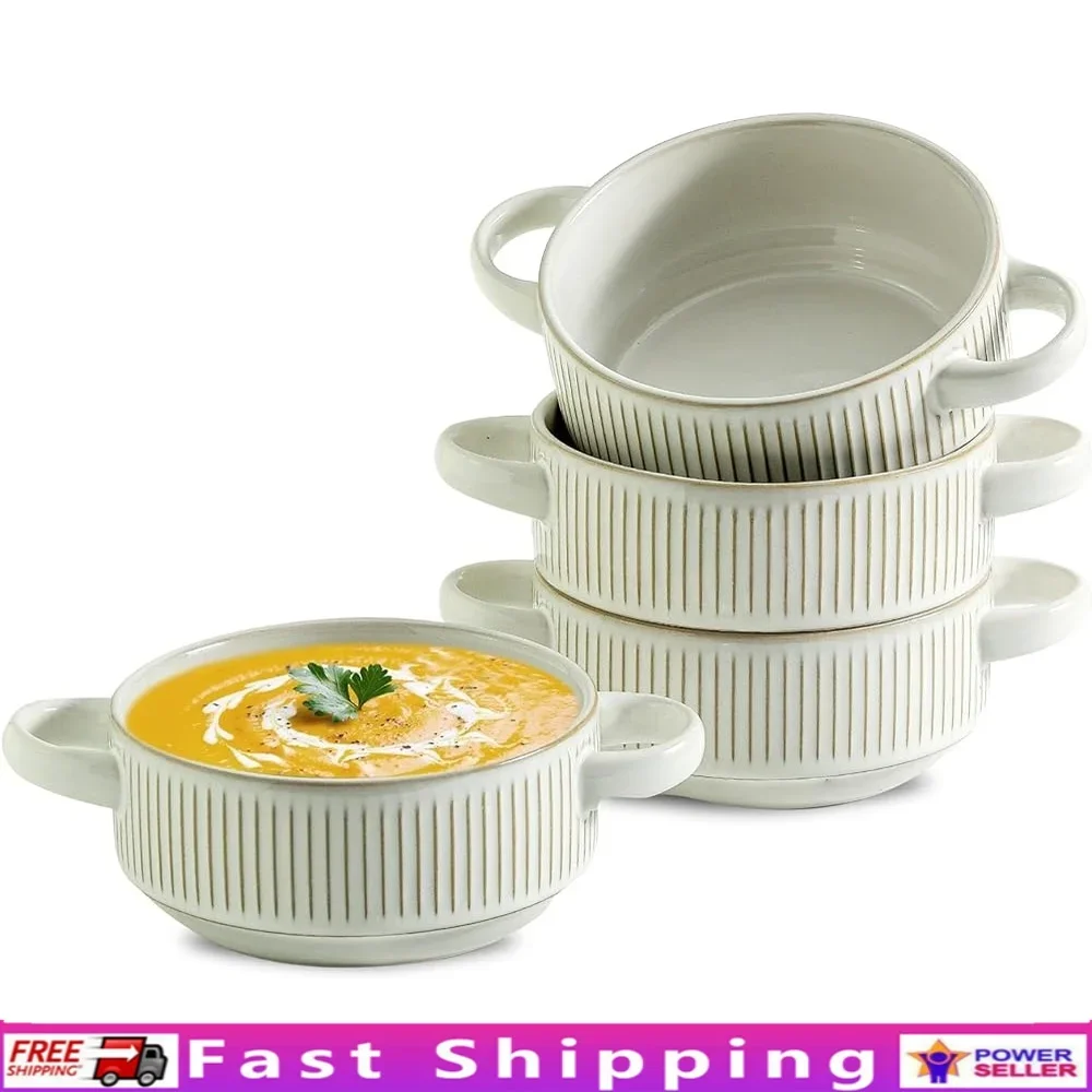 

Stackable Ceramic Soup Bowls with Handles Oven Safe Casserole Crocks Ideal Chili Stews and Cereal Durable Dishwasher Safe 20 oz