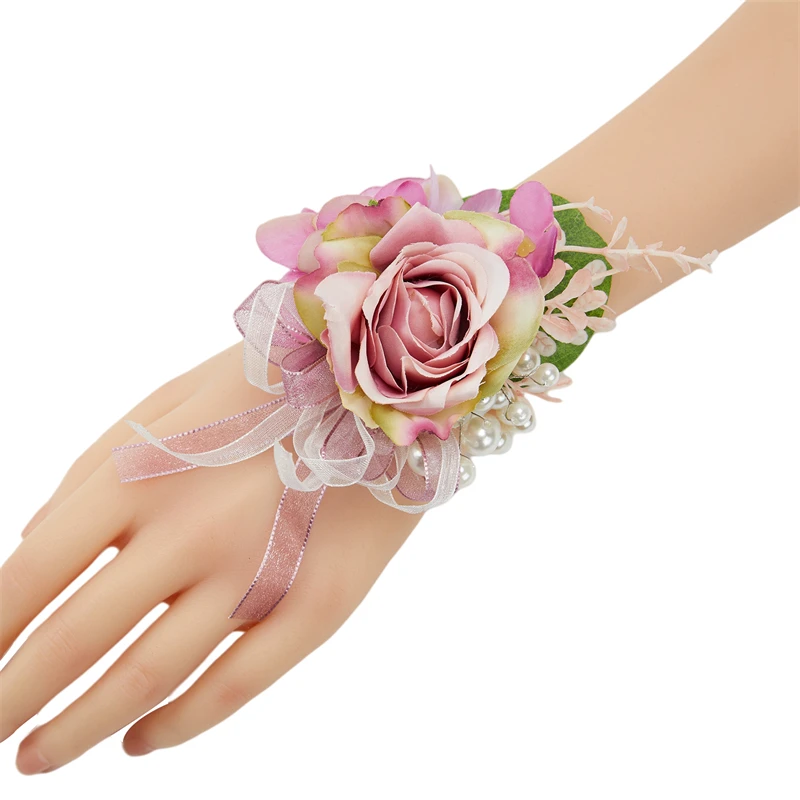 YO CHO Hochzeits-Corsagen, Blumen-Boutonniere für den Bräutigam, lila Seidenrosen-Broschen für Herren, Hochzeits-Brautjungfern-Armband, Handgelenk-Corsage-Blume – Detail 14