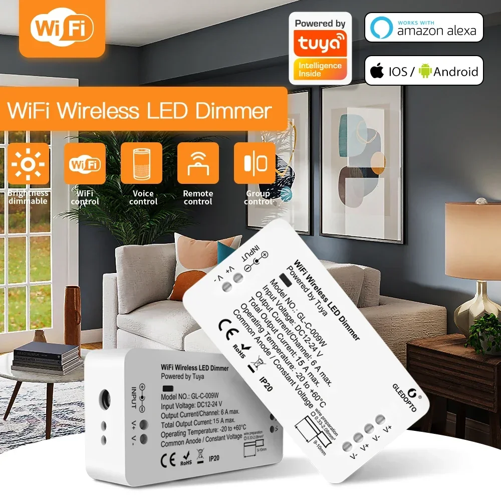 

Gledopto Yandex Alice WiFi LED Controller Dimmer DC12-24V Tuya Smart Life App Voice Control Dim Single Color Strip Light Alexa