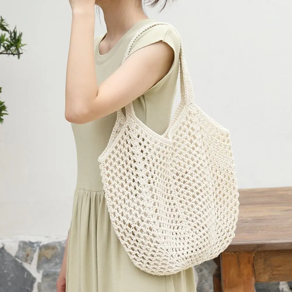 

Solid Color Knitting Shoulder Bag Hollow Out Large Capacity Bohemian Crochet Tote Bag Versatile Casual Woven Handbag Summer
