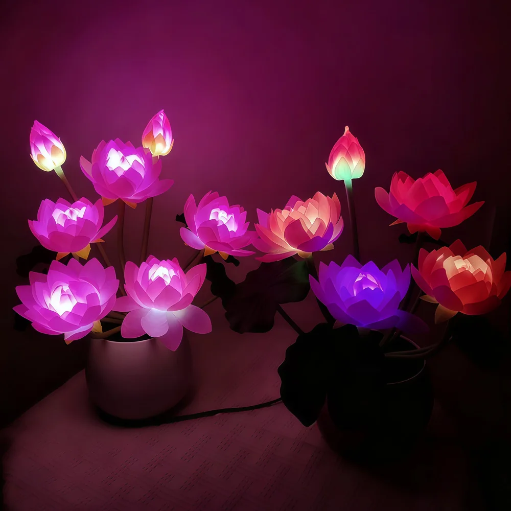 LED Lotus Candle Lamp Buddhist Offering Light Smokeless Eternal Night Lamp Desk Lamp for Home and Festival Decor