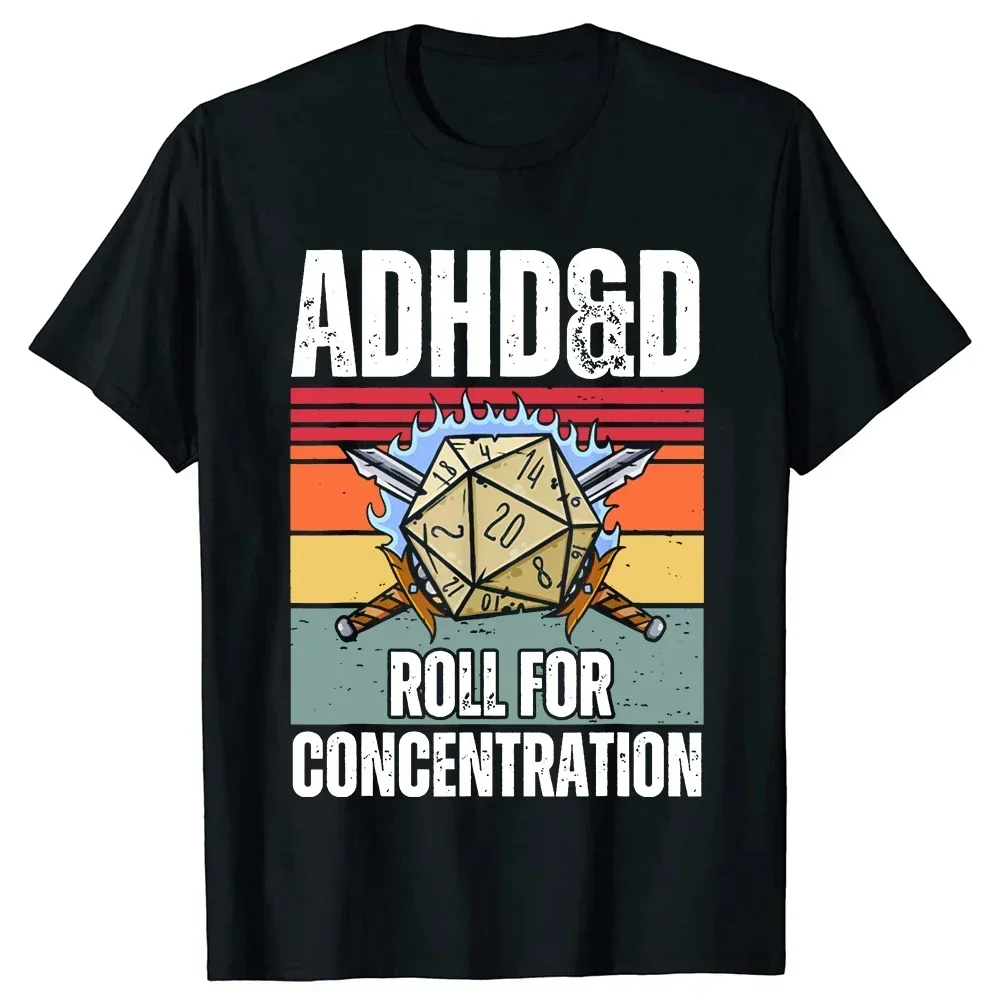 

Summer Streetwear Gifts Men Retro Vintage ADHD&D Roll for Concentration manga Funny Gamer DM RPG Dice Dragon T Shirts