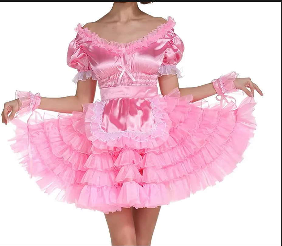 

Hot Selling New Sissy Girl Maid Pink Off Shoulder V-neck Multi-layer Fluffy Dress Role Play Customizable