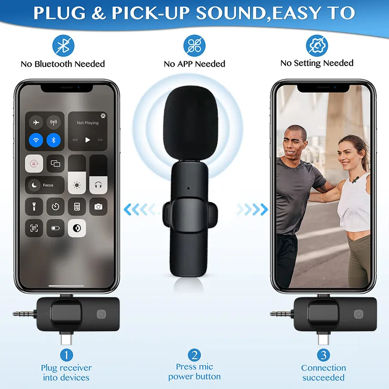 Microfone de lapela sem fio 3 em 1 para iPhone Android 3,5 mm para rádio Gravação ao vivo Mini microfone com redução de ruído
