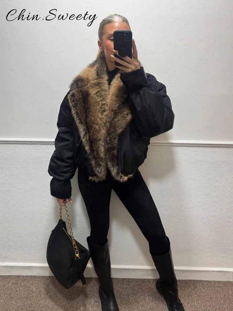 

Warm Faux Fur Spliced Cotton Coats Women Loose Lapel Long Sleeve Pockets Thicken Jacket Female 2025 Winter Lady Chic Outwear New