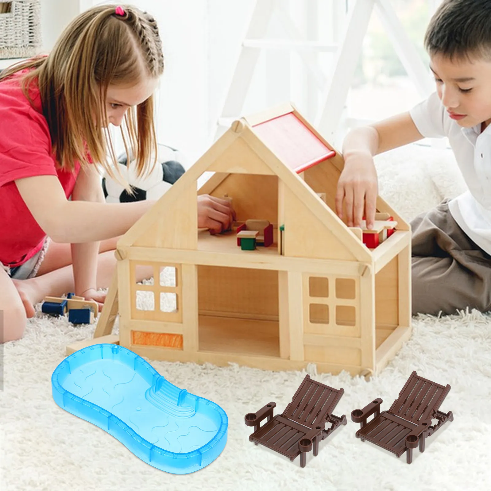 

2Sets Mini Swimming Pool Summer Scene Props Mini House Swimming Ring Beach Chair Beach Umbrella Micro Landscape Miniature
