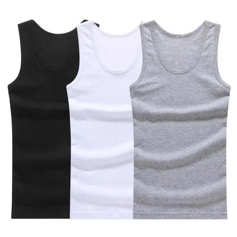 3 Piece Men's Four Season Solid Color Plus Size Vest Comfortable Pure Cotton Youth Sports And Fitness Top Middle-aged Base T
