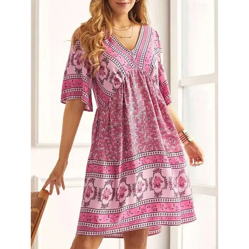 Fashion Short Sleeve Ethnic Style Print Mini Dress Women 2025 Summer Casual  Holidays Boho Dresses For Women Robe Femme