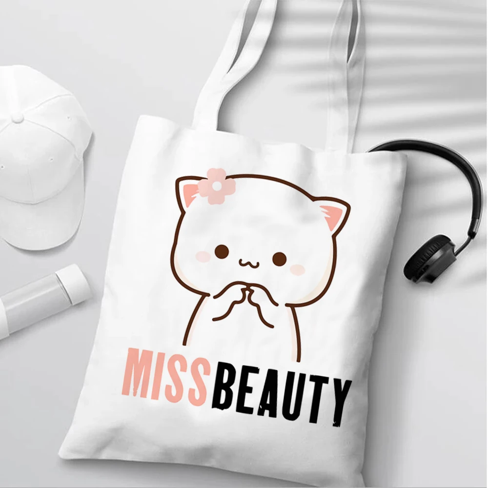 Peach and Goma Mochi Cat Love Print Shopping Bags for Women Canvas Tote Bags Handbag Reusable Cartoon Shopping Bag Female