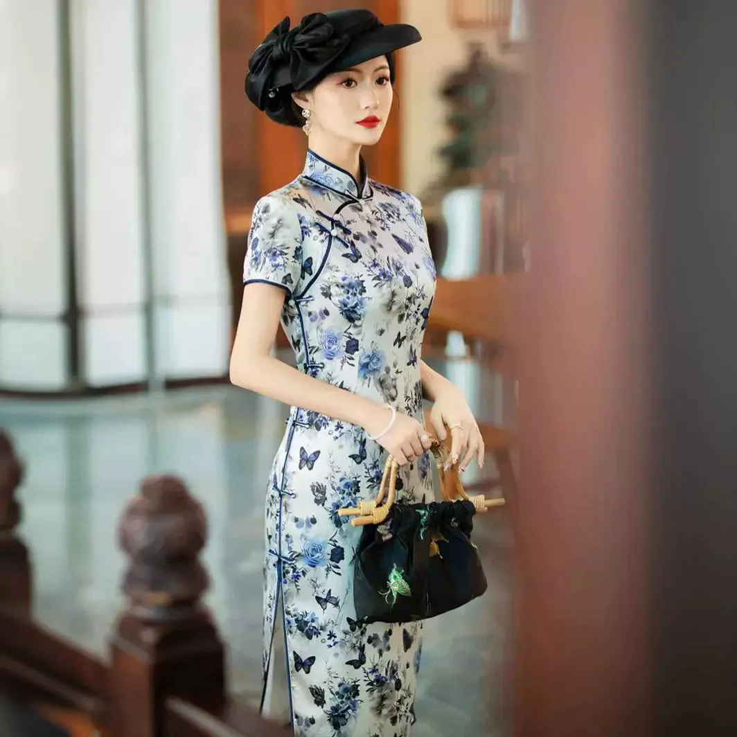 

Old Shanghai Quality Real Silk Cheongsam Qipao Summer Women's 2024 New Retro Women's Chinese Dress