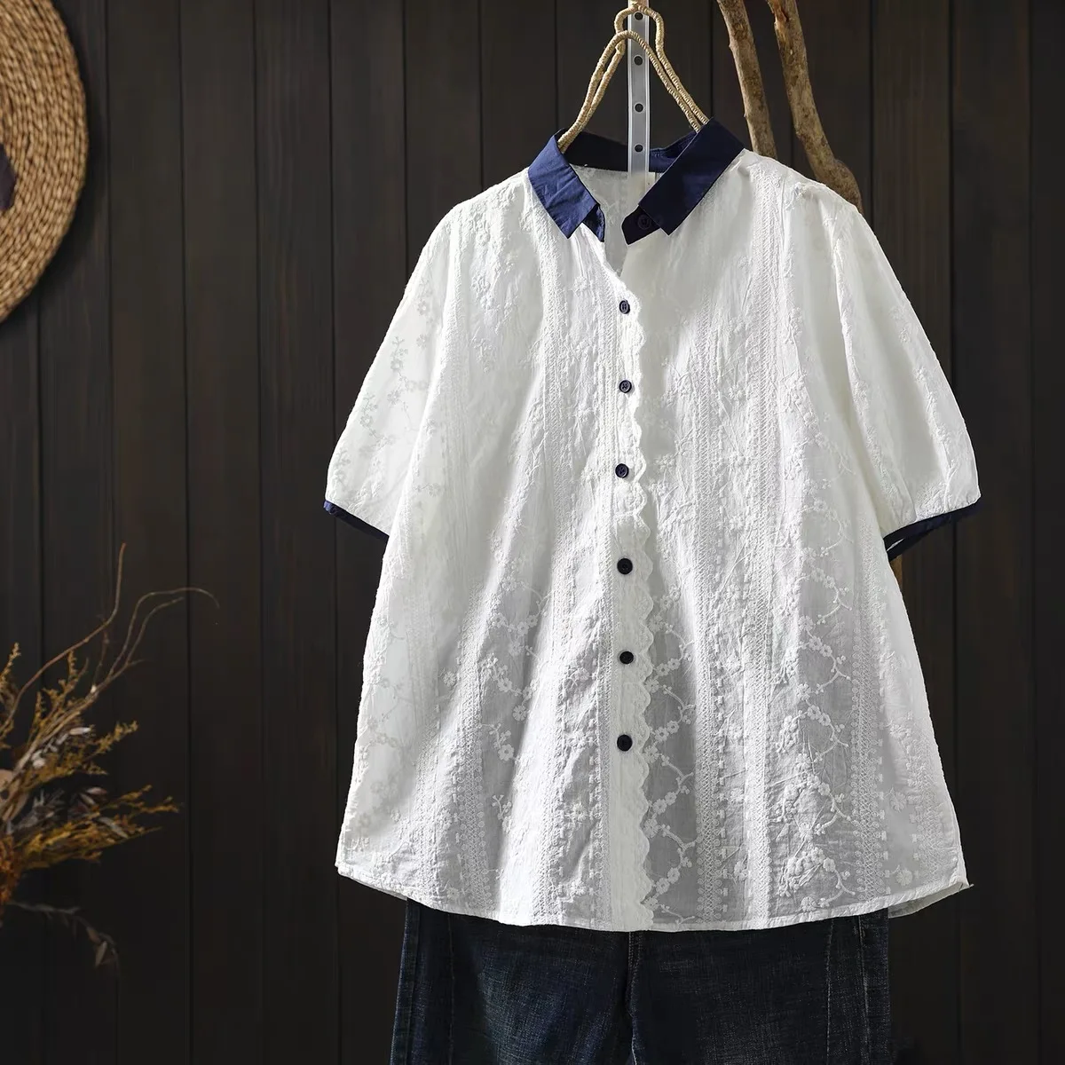 Women's Floral Embroidered Pure Cotton Shirt Contrast Collar Short Sleeve Blouse Mori Girl  Scalloped Placket Tops