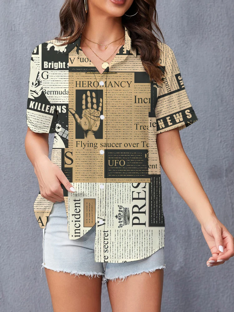 Camicia di moda Hip Hop di strada estiva top camicia di stampa digitale 3d di giornale camicia a maniche corte comoda Casual allentata da donna