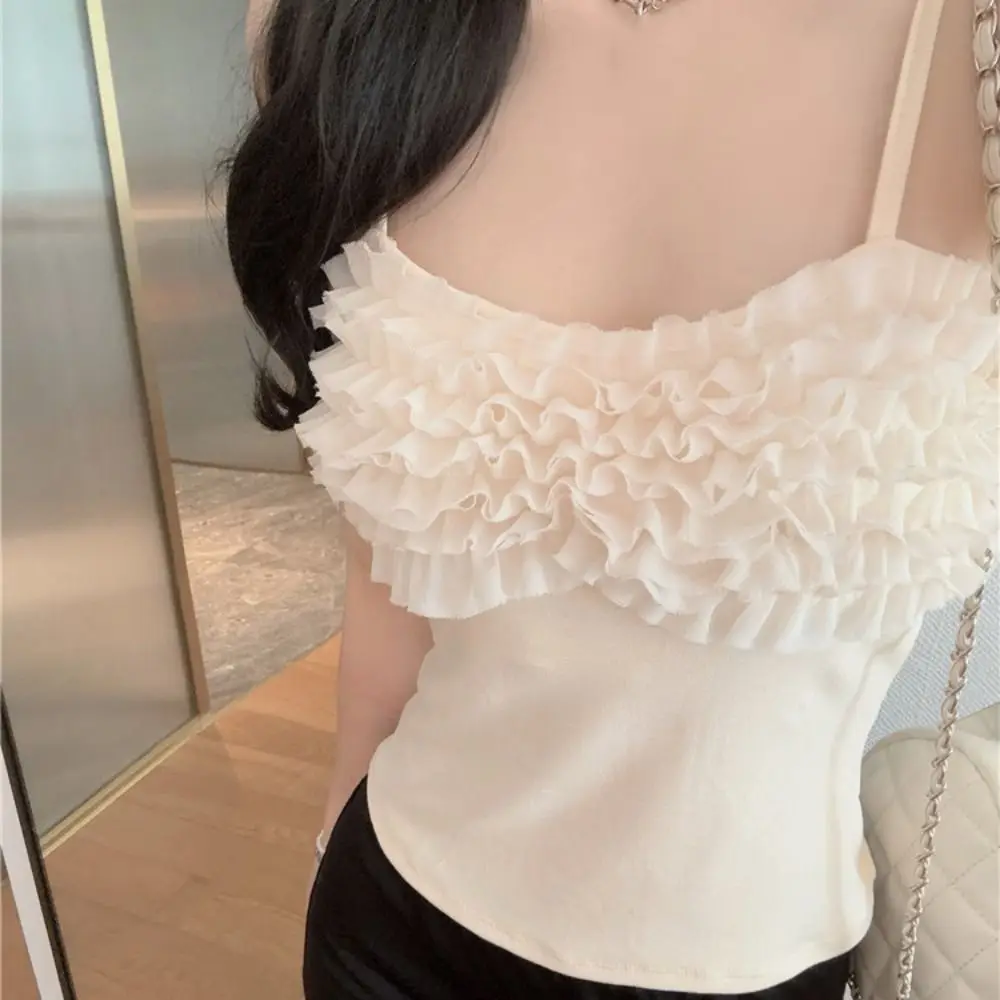 Square Neck Women's Camisole Ruffled Edge Sleeveless Slim Crop Top With Pads Chest Wrapping Suspender Bras Sweet Girl's Tank Top