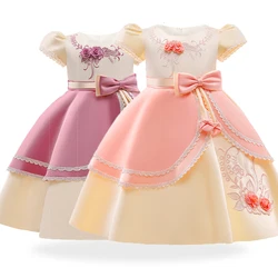 Embroidery Flower Bow Princess Party Dress For Girl Children Costume Puff Sleeve Kids Clothes Birthday Wedding Gown Prom Vestido