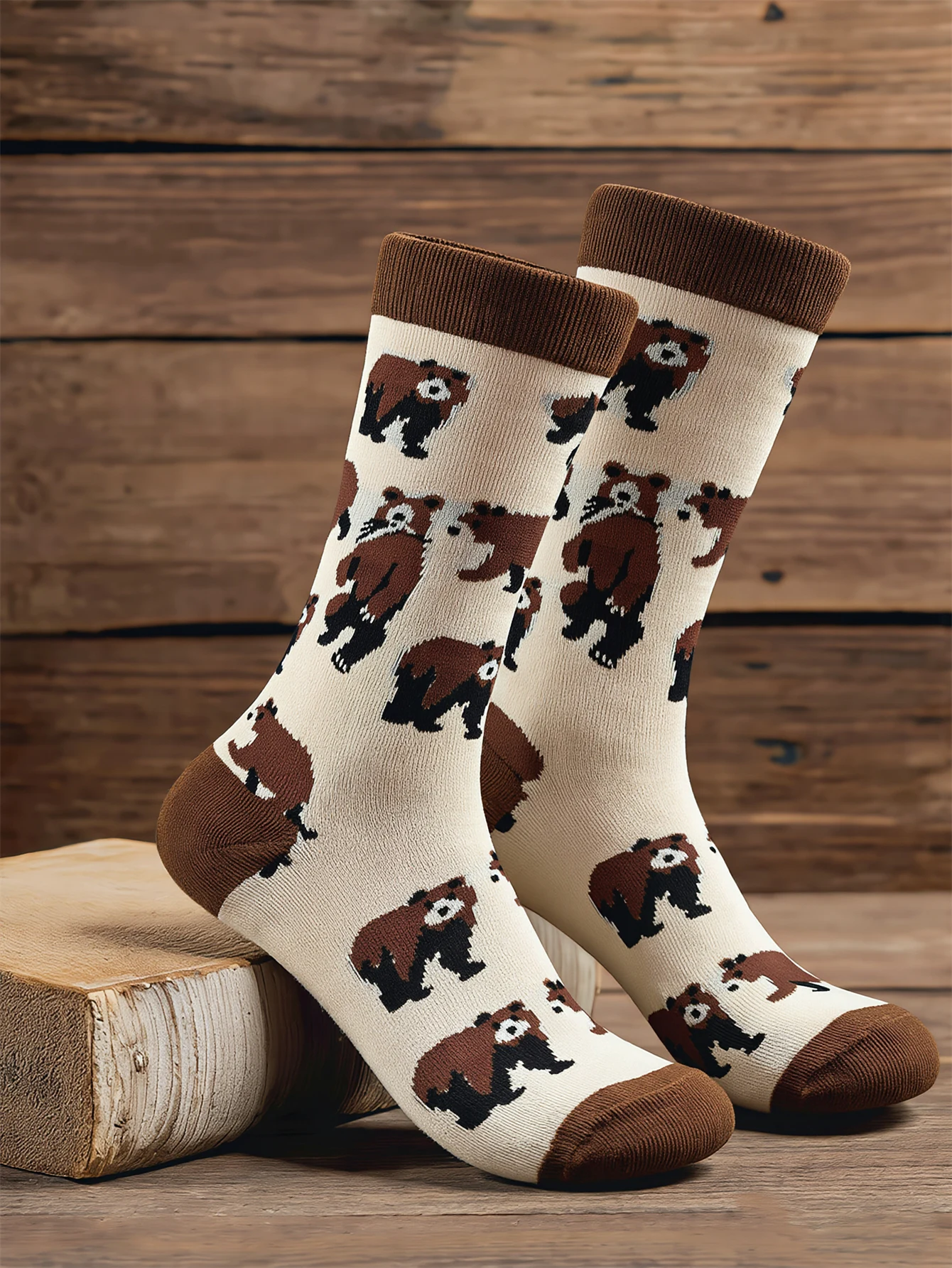 1 Pairs Men's Cute Cartoon Bear Print Cotton Socks, Kawaii Animal Pattern Mid-Calf Socks Novelity Street Skateboard Men Socks