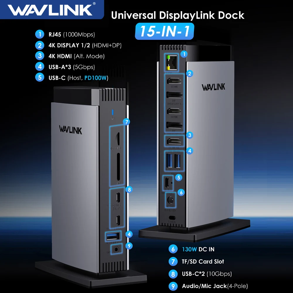 Док-станция WAVLINK для ноутбуков M1, M2, M3, Mac и Windows, 3 K, USB 3,0