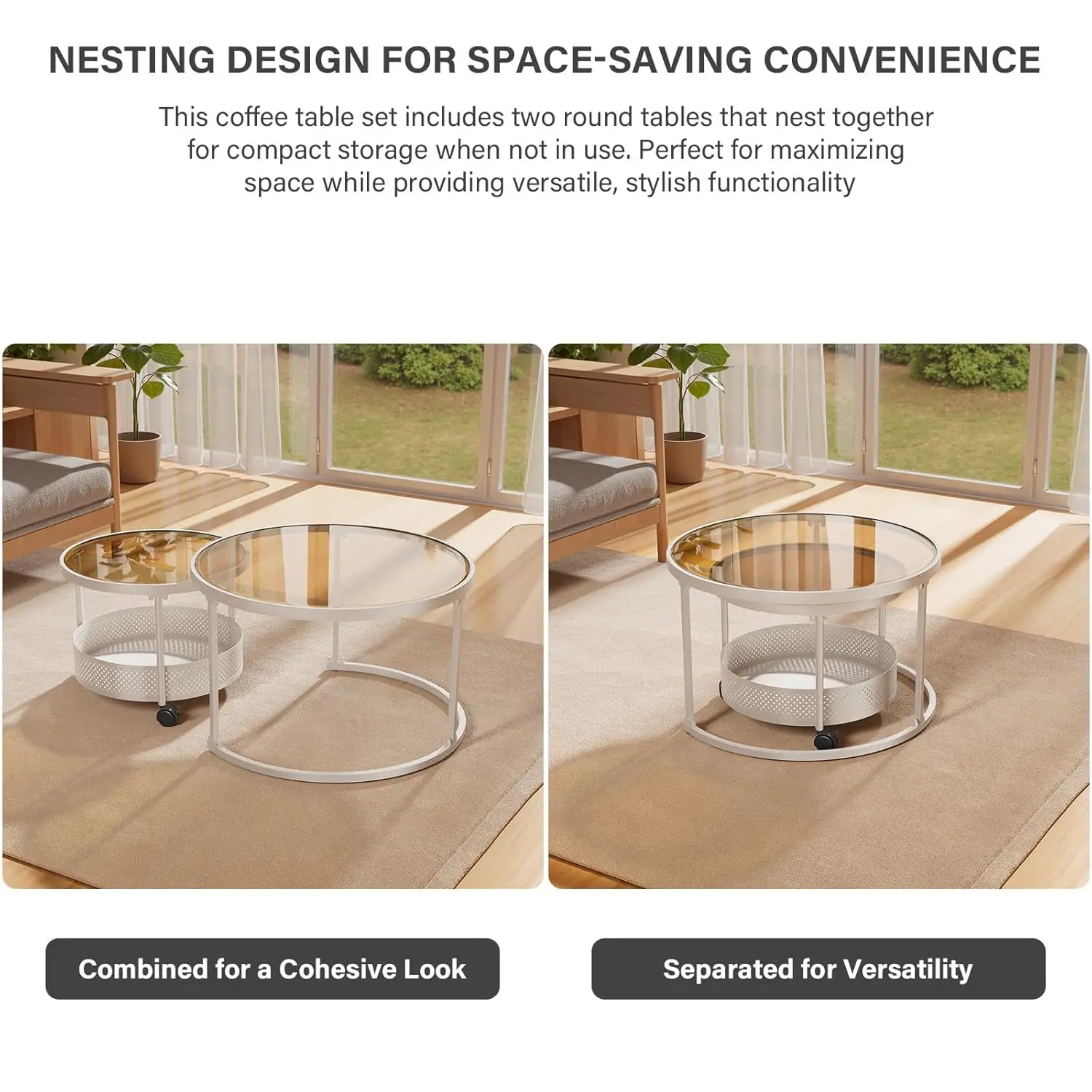 مجموعة طاولات قهوة مستديرة متعددة الاستخدامات مقاس 28 بوصة مكونة من قطعتين لغرفة المعيشة، وطاولة تعشيش مكدسة من الزجاج المقسى مع عجلات