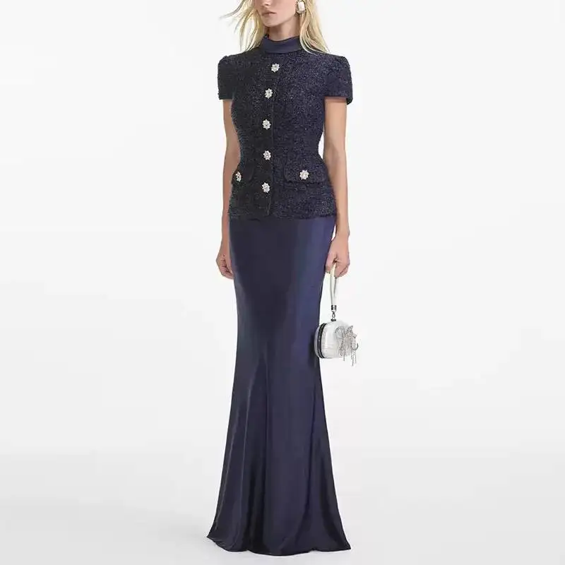 Maxi formal vestidos de noite de luxo feminino verão outono único breasted cristal cetim tweed vestido longo azul festa jantar vestidos