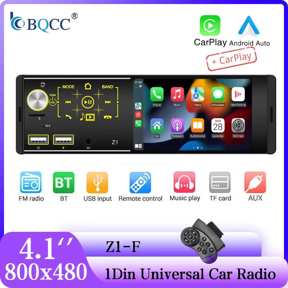 BQCC 1Din Universal Car Radio FM Bluetooth 5.1 7-Color LED Lights Voice Assistant Wiring Protection Audio Stereo Player