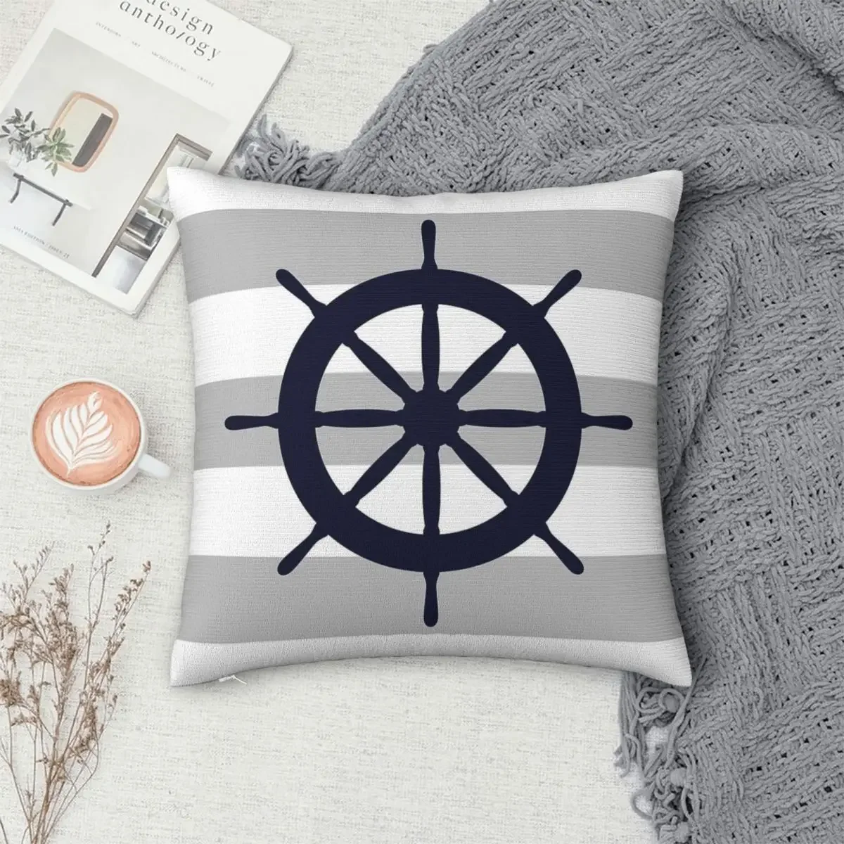 Nautical Navy Blue Ship's Steering Wheel On Red Stripes Pillowcase Cushion Comfort Throw Pillow Sofa Decorative Cushions Used