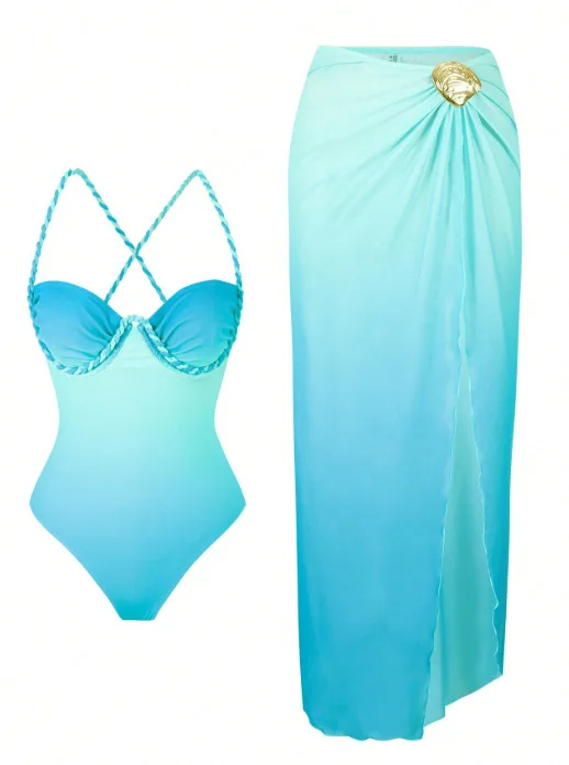 New One Piece Gradient Swimsuit Female High Leg Cut Bather Bathing Suit Swim With Skirt Underwired Cross Back Women Swimwear