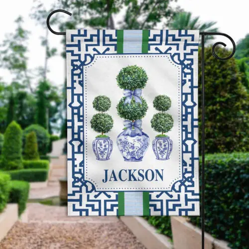 Personalized Preppy Chinoiserie Topiary Flag, Topiary Southern Ginger Jar Flag