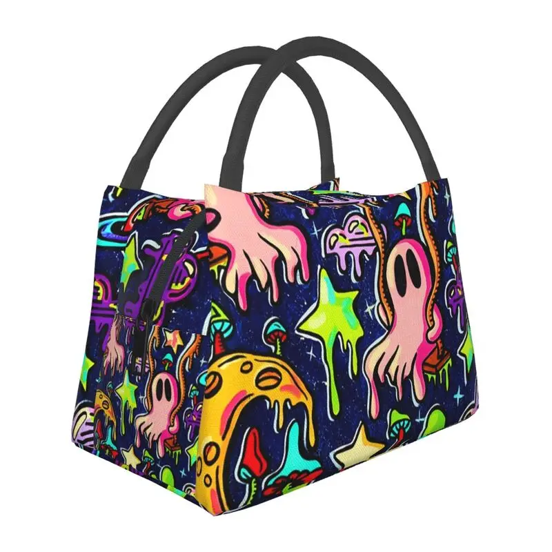 Trippy Skull Magic Mushroom Portable Lunch Boxes Women Waterproof Spooky Ghost Swings Thermal Cooler Food Insulated Lunch Bag