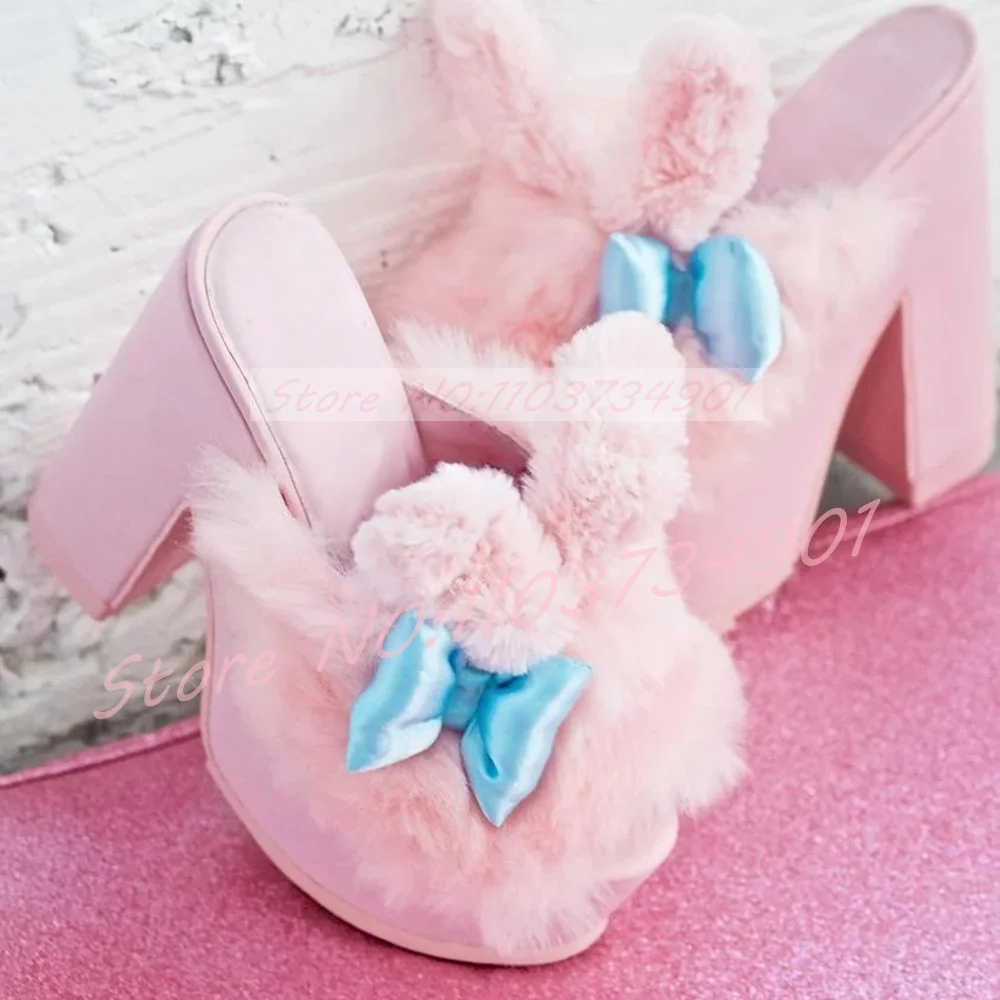 Pink Fluffy Rabbit Ears Platform Sandals Women Peep Toe Bow-Knot Chunky Heel Shoes Sweetheart Girl Lolita Sandals
