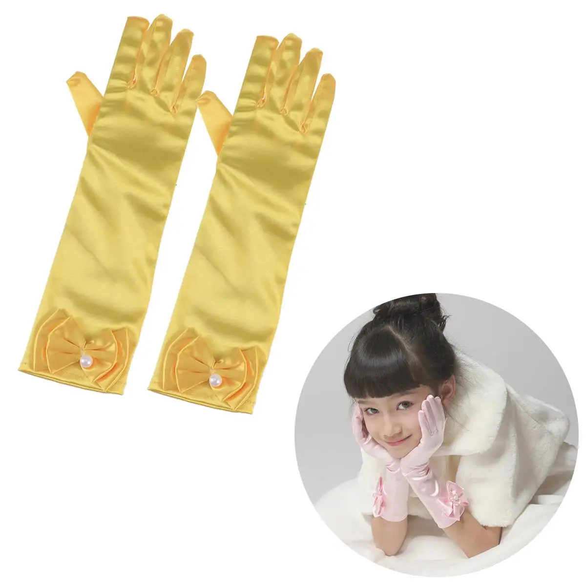 Floral Girl Bowknot Dress Gloves Flower Girl Long Gloves Kids Mittens Yellow Fashion Comfort Wedding Party Prom Accessories