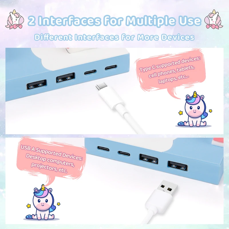 USB 허브 허브 스플리터, USB C 포트, 귀여운 만화 스탠드 허브, 휴대폰, 태블릿, 노트북, 데스크탑, 프로젝터에 적합