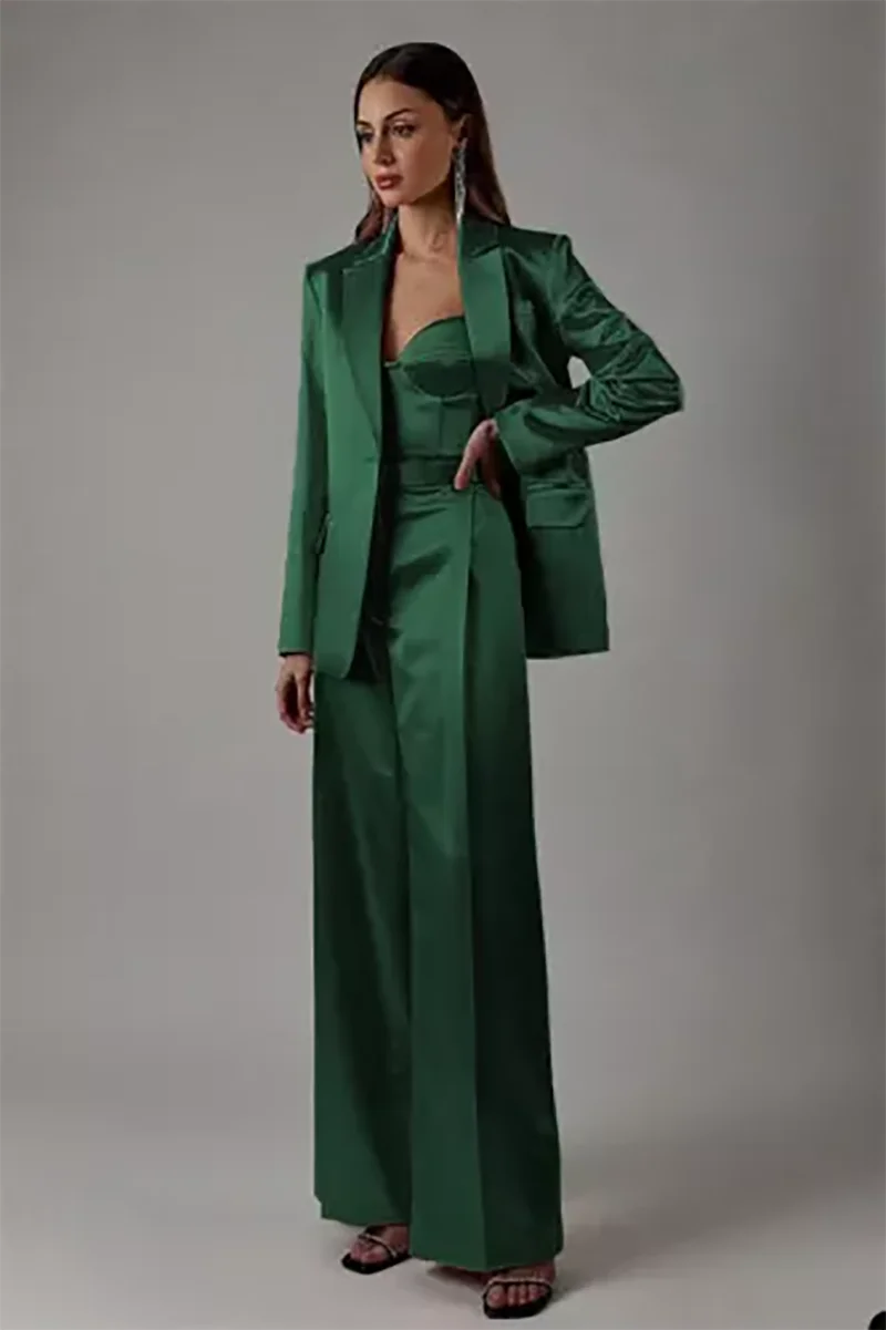 

Slik Satin Women Suits 2 Piece Solid Color Pantsuits Businesss Blazer Jacket with Wide Leg Pants Fashion Wear Customized